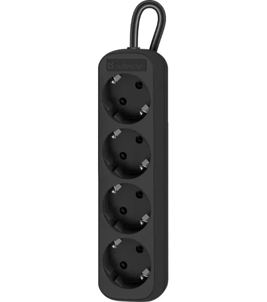 Удлинитель Defender M418 черный, 1.8 м, EURO, 4 розетки, 2200 Вт