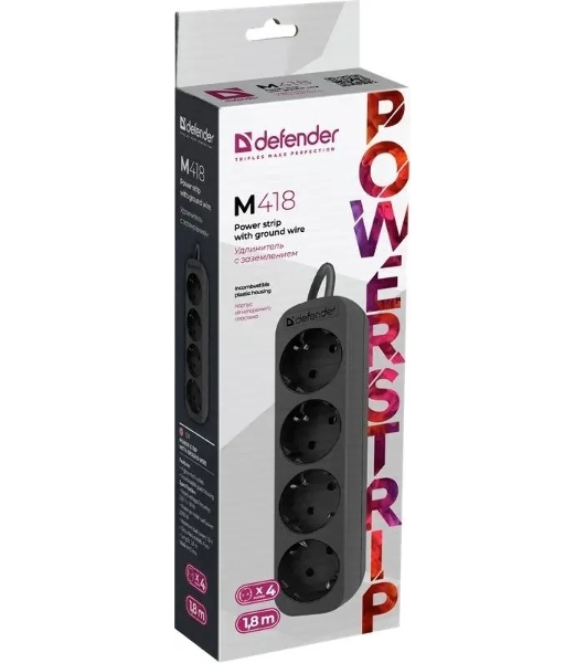 Удлинитель Defender M418 черный, 1.8 м, EURO, 4 розетки, 2200 Вт