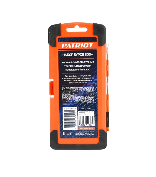 Набор буров PATRIOT SDS Plus, 5 шт: 5x110 мм, 6x110 мм, 6x160 мм, 8x160 мм, 10x160 мм в боксе