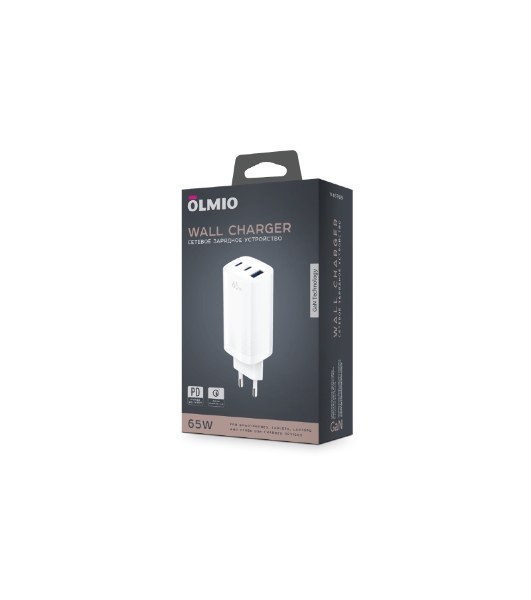 Сетевое зарядное устройство OLMIO 2Type-C/USB, 65W, 6A, QuickCharge3.0, PowerDelivery3.0, GAN
