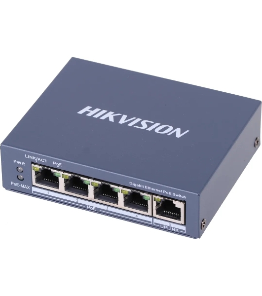 Коммутатор Hikvision DS-3E0505P-E, 4×1 Гбит/с PoE+ + 1×1 Гбит/с, неуправляемый
