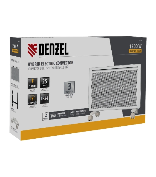 Конвектор электрический гибридный Denzel HybridX-1500 белый, 1500 Вт, 25 м2, термостат, дисплей