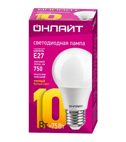 Лампа светодиодная ОНЛАЙТ 71649 OLL-A60-10-230-2.7K-E27 10Вт грушевидная 2700К тепл. белый E27 750лм 176-264В