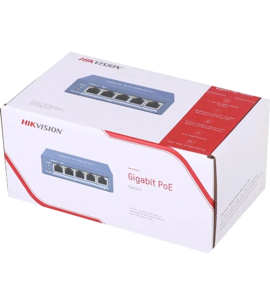 Коммутатор Hikvision DS-3E0505P-E, 4×1 Гбит/с PoE+ + 1×1 Гбит/с, неуправляемый