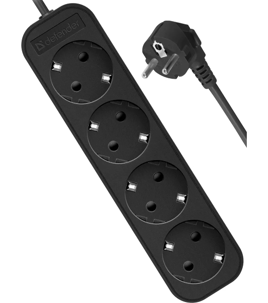 Удлинитель Defender M450 черный, 5 м, EURO, 4 розетки, 2200 Вт