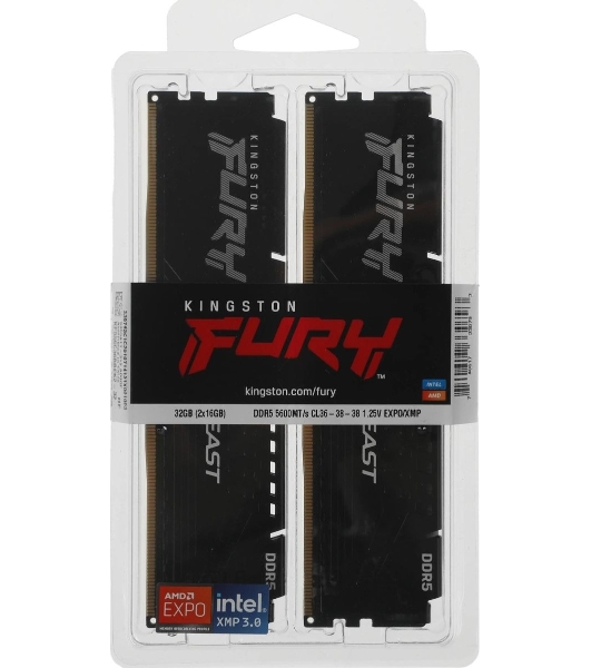 Оперативная память Kingston Fury Beast, DDR5, 32GB (2x16GB), 5600MHz, CL36, DIMM, с радиаторами, черный