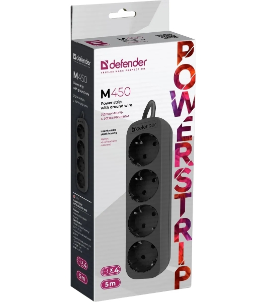 Удлинитель Defender M450 черный, 5 м, EURO, 4 розетки, 2200 Вт