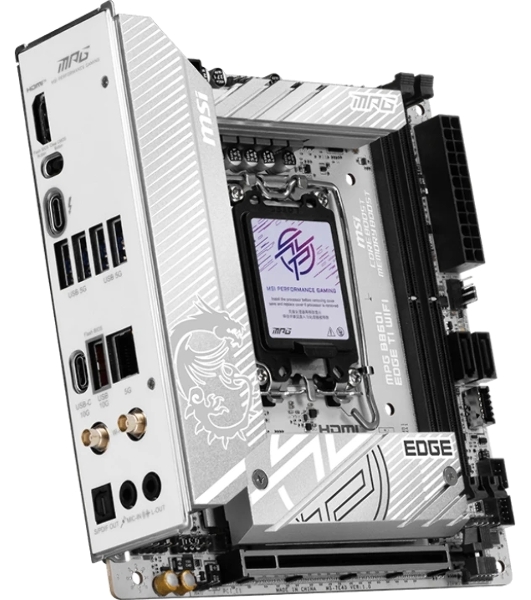 Материнская плата MSI MPG B860I EDGE TI WIFI, LGA 1851, Intel B860, 2xDDR5 (до 128 ГБ), 2xSATA, 2xM.2 (1xPCIe 5.0, 1xPCIe 4.0/SATA), 1xPCIe 5.0 x16, 1xHDMI, 1x5Gb LAN, Wi-Fi 7, Bluetooth 5.4, 1xUSB-C 40Gbps (Thunderbolt 4), 1xUSB-C 10Gbps, 1xUSB-A 10Gbps, 4xUSB-A 5Gbps, 2xUSB-A 2.0, 3x3.5 мм + S/PDIF оптический, 7.1, белый/серебристый, Mini-ITX