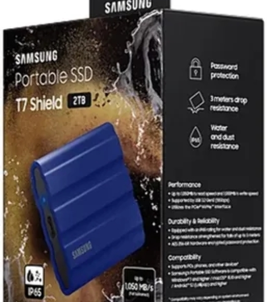 Внешний SSD Samsung T7 Shield, 2TB, USB 3.2 Gen 2 Type-C, R/W 1050/1000, синий