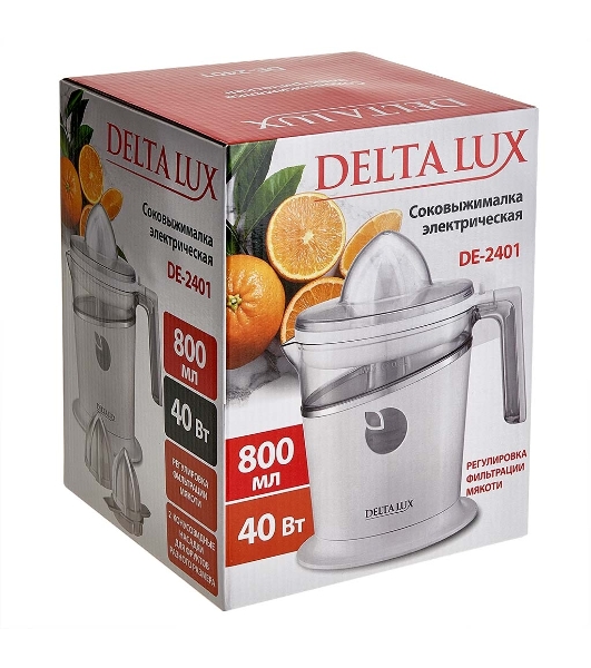 Соковыжималка DELTA LUX DE-2401 белый, цитрусовая, 40 Вт, 800 мл, механическое