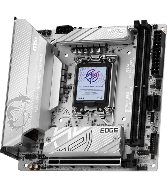 Материнская плата MSI MPG B860I EDGE TI WIFI, LGA 1851, Intel B860, 2xDDR5 (до 128 ГБ), 2xSATA, 2xM.2 (1xPCIe 5.0, 1xPCIe 4.0/SATA), 1xPCIe 5.0 x16, 1xHDMI, 1x5Gb LAN, Wi-Fi 7, Bluetooth 5.4, 1xUSB-C 40Gbps (Thunderbolt 4), 1xUSB-C 10Gbps, 1xUSB-A 10Gbps, 4xUSB-A 5Gbps, 2xUSB-A 2.0, 3x3.5 мм + S/PDIF оптический, 7.1, белый/серебристый, Mini-ITX