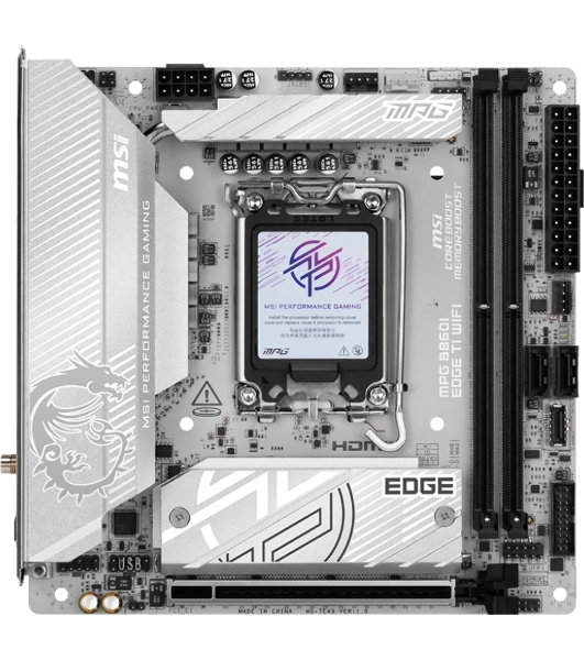 Материнская плата MSI MPG B860I EDGE TI WIFI, LGA 1851, Intel B860, 2xDDR5 (до 128 ГБ), 2xSATA, 2xM.2 (1xPCIe 5.0, 1xPCIe 4.0/SATA), 1xPCIe 5.0 x16, 1xHDMI, 1x5Gb LAN, Wi-Fi 7, Bluetooth 5.4, 1xUSB-C 40Gbps (Thunderbolt 4), 1xUSB-C 10Gbps, 1xUSB-A 10Gbps, 4xUSB-A 5Gbps, 2xUSB-A 2.0, 3x3.5 мм + S/PDIF оптический, 7.1, белый/серебристый, Mini-ITX