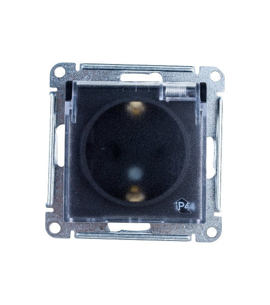 Механизм розетки 1-м СП AtlasDesign Aqua 16А IP44 с заземл. защ. шторки с прозрачной крышкой карбон SchE ATN441046
