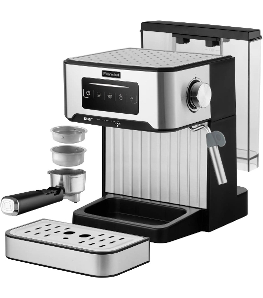 Кофеварка рожковая Rondell RDE-1106 серебристый, исп. кофе - молотый, 1.6 л, 850 Вт, 20 бар