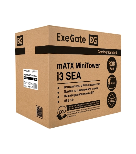 Компьютерный корпус Minitower ExeGate i3 SEA LE-NPX600 (mATX, БП 600NPX, 1хUSB+1хUSB 3.0, HD аудио, черный, передняя и боковая панели - закаленное стекло)
