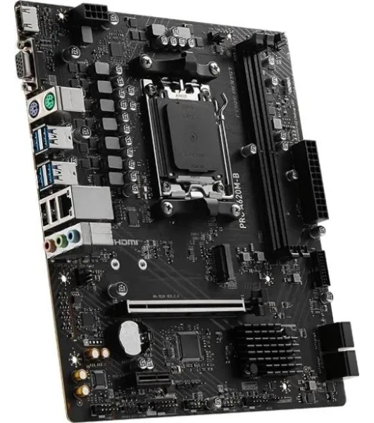 Материнская плата MSI PRO A620M-B, AM5, AMD A620, 2xDDR5, 4xSATA, 1xM.2 (PCIe 4.0 x4), 1xPCIe 4.0 x16, 1xPCIe 3.0 x1, 1xHDMI, 1xVGA, 1x2.5Gb LAN, 6xUSB-A 5Gbps, 6xUSB-A 2.0, 3x3.5 мм, 7.1, mATX