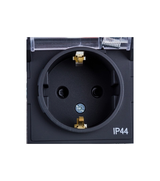 Механизм розетки 1-м СП AtlasDesign Aqua 16А IP44 с заземл. защ. шторки с прозрачной крышкой карбон SchE ATN441046