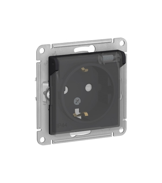 Механизм розетки 1-м СП AtlasDesign Aqua 16А IP44 с заземл. защ. шторки с прозрачной крышкой карбон SchE ATN441046
