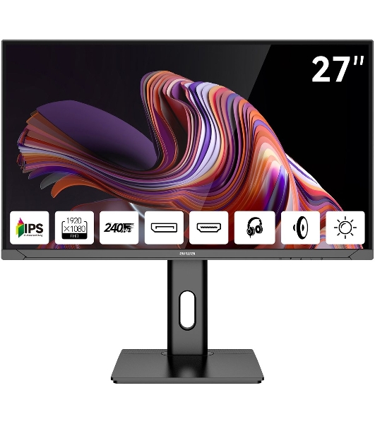 Монитор 27' Aiwa MD2711 IPS 1920x1080, 240 Гц, 1 мс, 16:9, 300 кд/м², 2xHDMI 2.0, 2xDP 1.2, 3.5 Jack, динамики (2x3 Вт), FreeSync, G-Sync, черный
