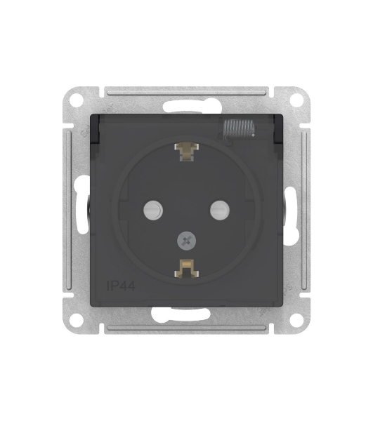 Механизм розетки 1-м СП AtlasDesign Aqua 16А IP44 с заземл. защ. шторки с прозрачной крышкой карбон SchE ATN441046