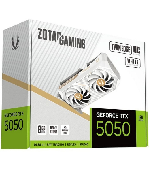 Видеокарта Zotac GAMING GeForce RTX 5050 TWIN EDGE OC WHITE ED, NVIDIA RTX 5050, 8 ГБ GDDR6, 128 бит, PCI-e 5.0, 1xHDMI, 3xDP, 2602 МГц