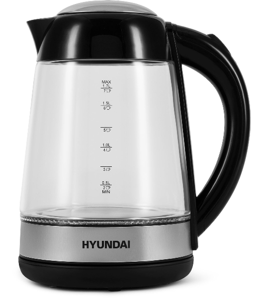 Чайник электрический Hyundai HYK-G3803 1.7 л, 2200 Вт, черный/серебристый (корпус: стекло)