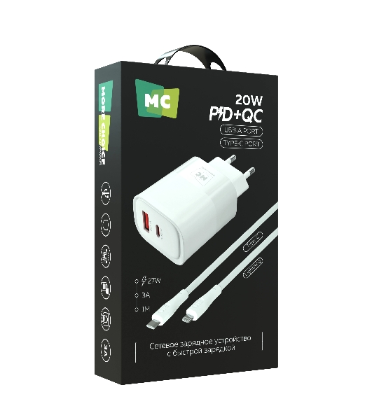 Сетевое зарядное устройство MORE CHOICE NC81i СЗУ 1USB+1Type-C 3.0A PD 20W+ QC3.0, белый