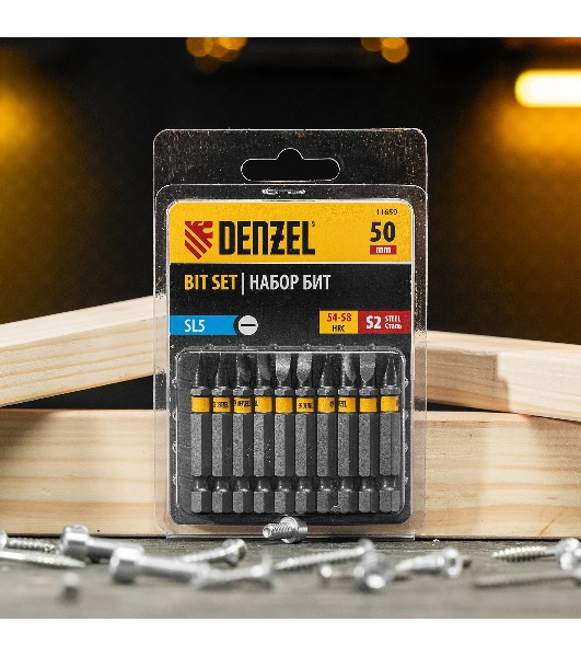 Набор бит Denzel SL5,0х50, сталь S2, шестигранный профиль, 10 шт.