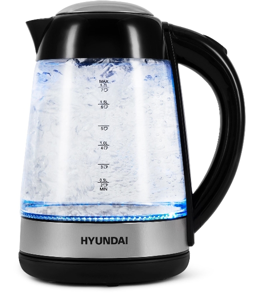 Чайник электрический Hyundai HYK-G3803 1.7 л, 2200 Вт, черный/серебристый (корпус: стекло)