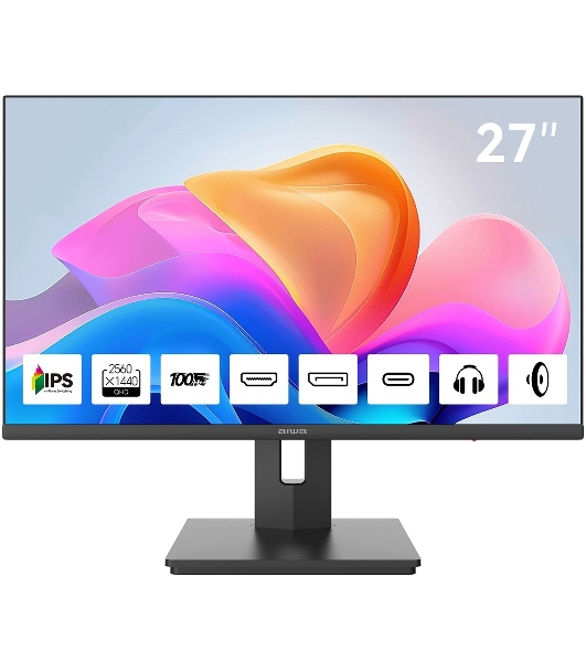 Монитор 27' Aiwa MQ275A IPS 2560x1440, 100 Гц, 4 мс, 16:9, 300 кд/м², HDMI 2.0, DP 1.2, USB-C (15 Вт), 3.5 Jack, динамики (2x3 Вт), FreeSync, G-Sync, черный