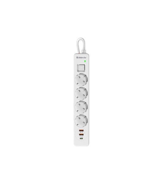 Удлинитель с сетевым фильтром Defender DFS 141, белый, 4розетки, USB+TypeC, 1.5 м.