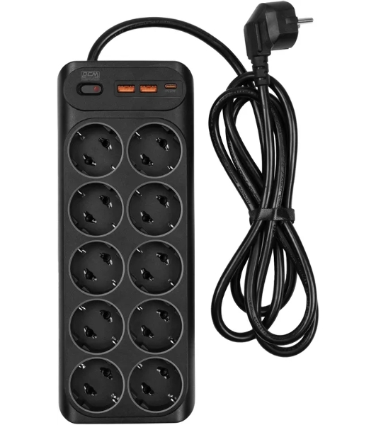 Сетевой фильтр Powercom SP-10 USB2A1СB 3,0 м 3.0м (10 розеток) черный, коробка