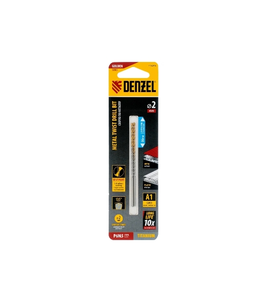 Сверло спиральное по металлу Denzel 2 х 86 мм Р6М5, Golden Tip, удлиненное, 2 шт.