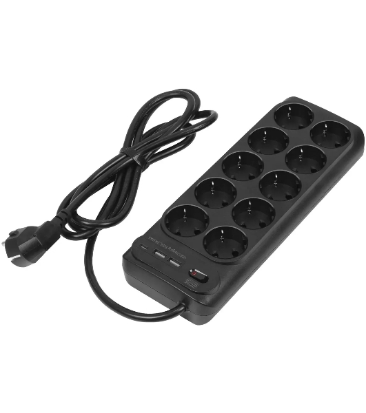 Сетевой фильтр Powercom SP-10 USB2A1СB 1.8 м 1.8м (10 розеток) черный, коробка
