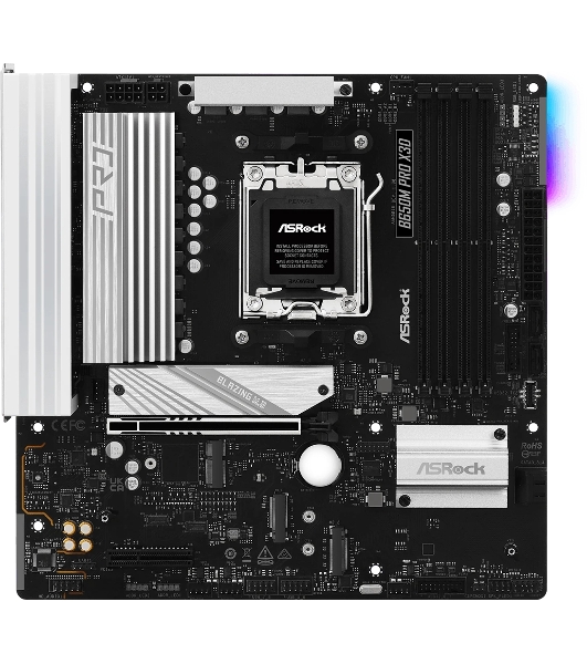 Материнская плата ASRock B650M Pro X3D, AM5, AMD B650, 4xDDR5, 4xSATA, 3xM.2, 1xPCIe 5.0 x16, 1xPCIe 4.0 x4, 1xHDMI, 1xDP, 1x2.5Gb LAN, 1xUSB-C 10Gbps, 1xUSB-A 10Gbps, 2xUSB-A 5Gbps, 4xUSB-A 2.0, 3x3.5 мм, 7.1, mATX