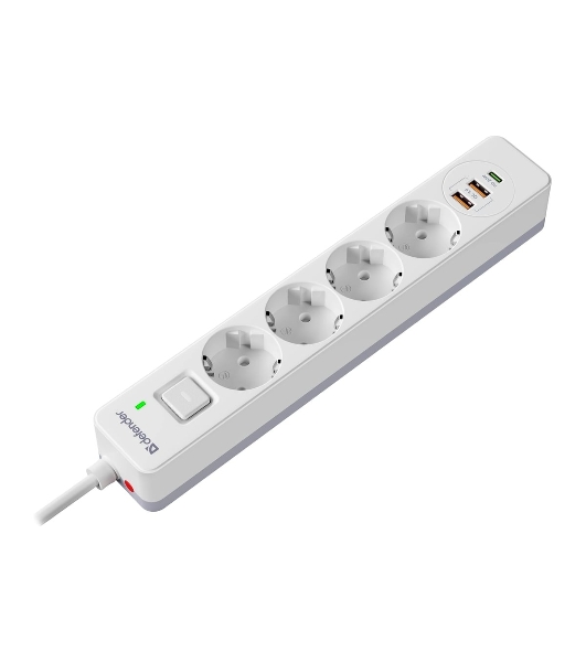Удлинитель с сетевым фильтром Defender DFS 141, белый, 4розетки, USB+TypeC, 1.5 м.