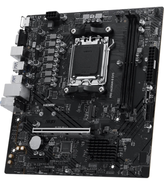 Материнская плата MSI PRO A620M-B EVO, AM5, AMD A620A, 2xDDR5, 2xSATA, 1xM.2, 1xPCIe 4.0 x16, 1xPCIe x1, 1xVGA, 1xHDMI, 1x2.5Gb LAN, 4xUSB-A 5Gbps, 2xUSB-A 2.0, 2xPS/2, 3x3.5 мм, 7.1, чёрный, mATX