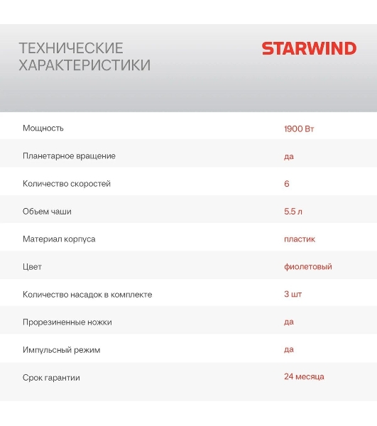 Миксер стационарный Starwind SPM7167 1600 Вт, фиолетовый