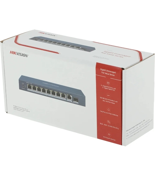 Коммутатор Hikvision DS-3E0510P-E/M(O-STD)(B), 8×1 Гбит/с PoE + 2×1 Гбит/с, неуправляемый