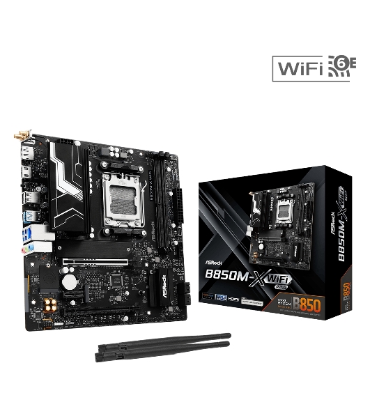 Материнская плата ASROCK B850M-X WIFI R2.0, AM5, AMD B850, 2xDDR5, 4xSATA, 2xM.2, 1xPCIe 5.0 x16, 1xPCIe 4.0 x4, 1xPCIe 3.0 x1, 1xDP, 1xHDMI, 1x2.5Gb LAN, Wi-Fi 6E, BT 5.2, 1xUSB-C 5Gbps, 3xUSB-A 5Gbps, 2xUSB-A 2.0, 3x3.5 мм, 7.1, mATX