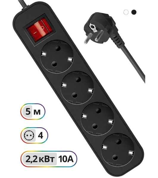 Удлинитель Defender G450 черный, 5 м, EURO, 4 розетки, 2200 Вт
