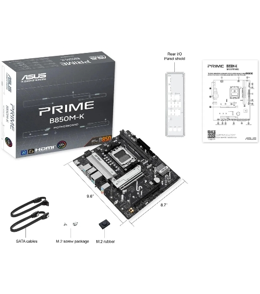 Материнская плата ASUS PRIME B850M-K, AM5, AMD B850, 2xDDR5, 4xSATA, 2xM.2, 1xPCIe 5.0 x16, 1xPCIe 4.0 x8, 1xDP (v1.4), 1xHDMI (v2.1), 1x2.5Gb LAN, 2xUSB-A 10Gbps, 2xUSB-A 5Gbps, 4xUSB-A 2.0, 3x3.5 мм, 7.1, mATX