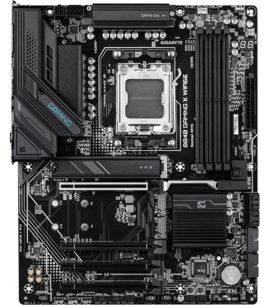 Материнская плата Gigabyte B840 GAMING X WIFI6E, AM5, AMD B840, 4xDDR5, 4xSATA, 3xM.2, 1xPCIe 4.0 x16, 3xPCIe 3.0 x16, 1xHDMI, 1xDP, 1x2.5Gb LAN, Wi-Fi 6E, Bluetooth 5.3, 1xUSB-C 10Gbps, 1xUSB-A 10Gbps, 2xUSB-A 5Gbps, 4xUSB-A 2.0, 3x3.5 мм, 7.1, ATX