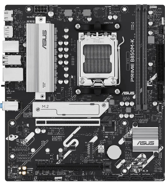 Материнская плата ASUS PRIME B850M-K, AM5, AMD B850, 2xDDR5, 4xSATA, 2xM.2, 1xPCIe 5.0 x16, 1xPCIe 4.0 x8, 1xDP (v1.4), 1xHDMI (v2.1), 1x2.5Gb LAN, 2xUSB-A 10Gbps, 2xUSB-A 5Gbps, 4xUSB-A 2.0, 3x3.5 мм, 7.1, mATX