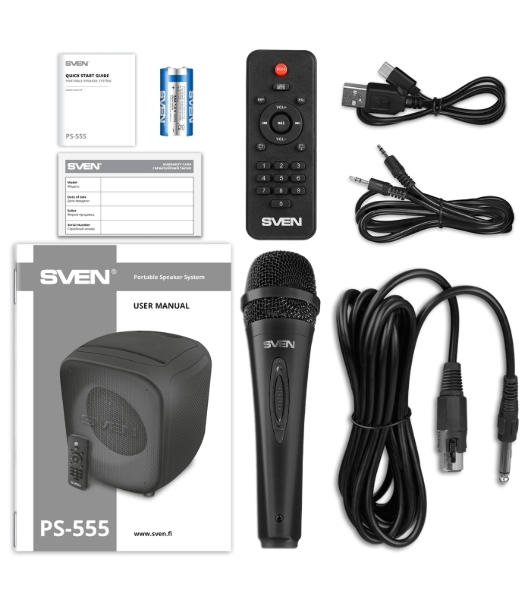 Портативная колонка SVEN PS-555, черный, 65 Вт (RMS), Bluetooth, USB, microSD, пульт