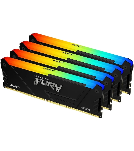 Оперативная память Kingston Fury Beast, DDR4, 64Gb (4x16Gb), 3200MHz, CL16, DIMM, с радиатором, RGB, черный