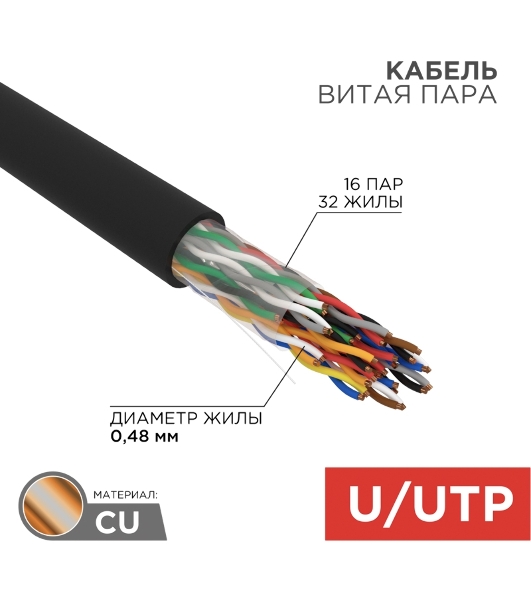 Кабель витая пара Rexant U/UTP, cat.5e, PE, 16PR, 24AWG, OUTDOOR, SOLID, черный, 305м