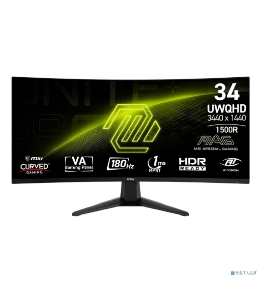 Монитор 34' MSI MAG 346CQ VA 3440x1440, 180 Гц, 1 мс, 21:9, 300 кд/м², 2xHDMI 2.0b, DP 1.4a, USB-C, 3.5 Jack, HDR Ready, Adaptive-Sync, изогнутый экран (1500R), черный