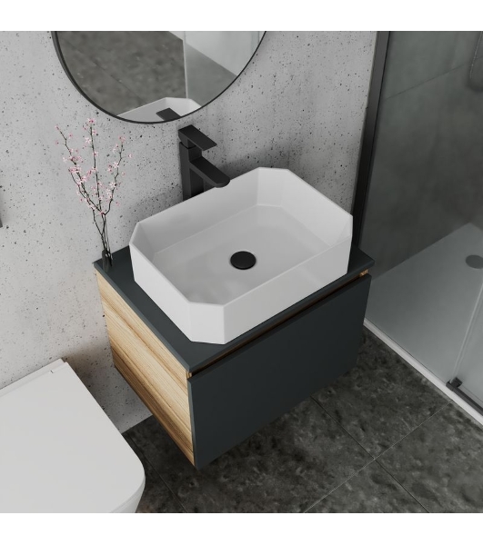 Комплект для ванной, 4 предмета (Тумба подвесная Bau Blackwood 60 графит + Раковина BAU Hotel 51х37 + Смеситель Hotel Black, черный, выпуск черный)