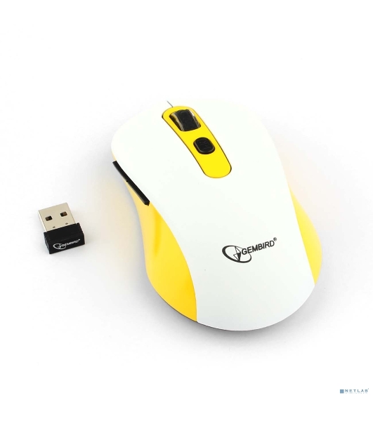 Мышь беспроводная Gembird MUSW-221-Y белый/желтый, 1600 dpi, радиоканал, USB, кнопки - 6